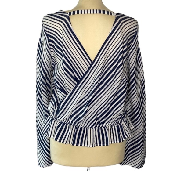 Express Navy Striped Keyhole Back Blouse - Picture 2 of 12